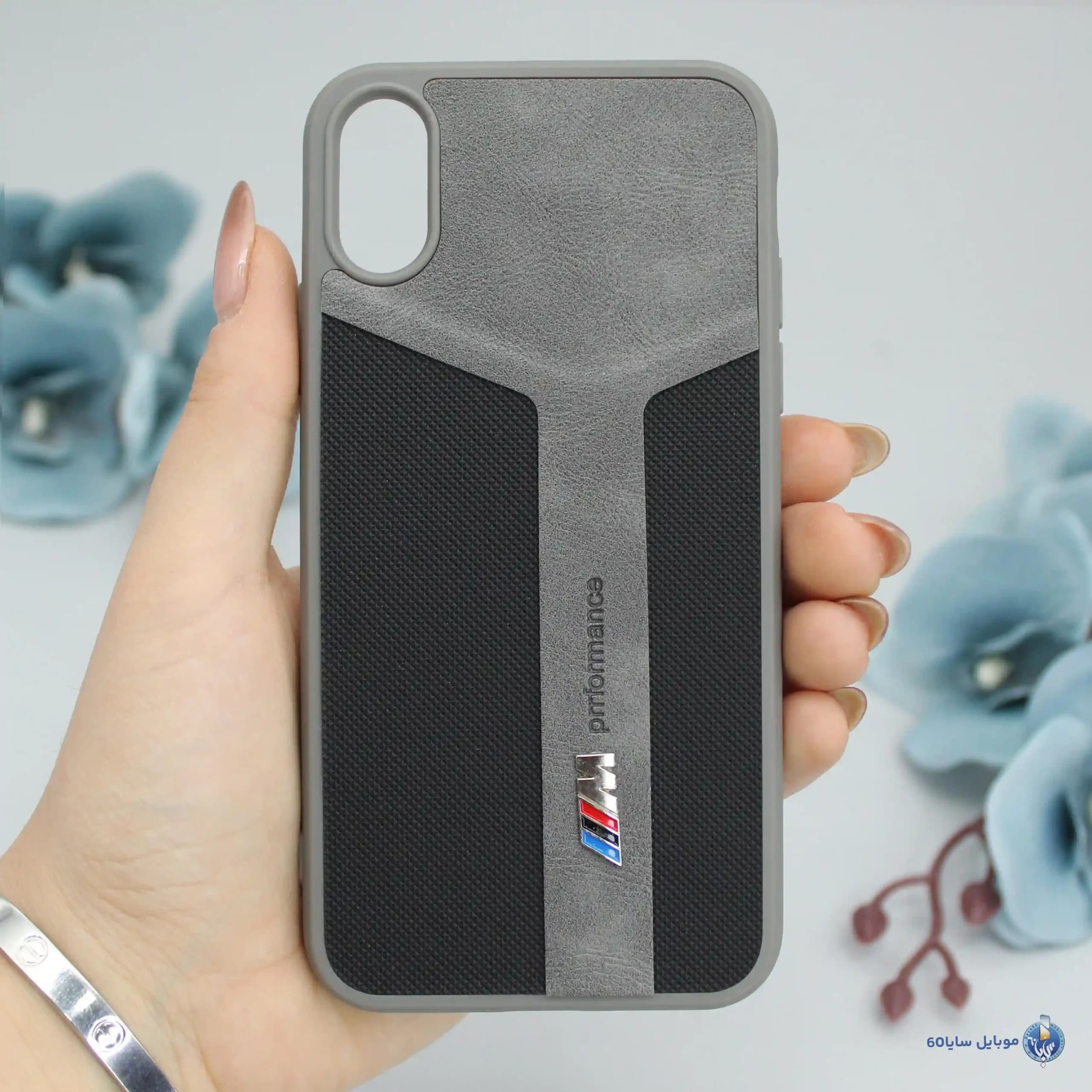 قاب گوشی iphone x اپل مدل چرمی طرح BMW رنگ طوسی
