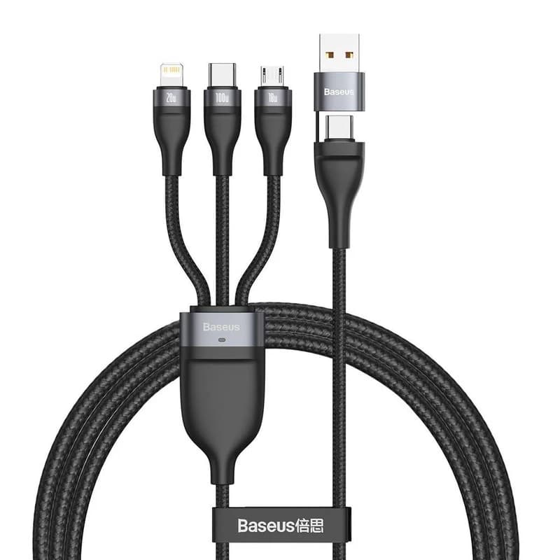 کابل تبدیل USB/USB-C به لایتنینگ/USB-C/micro-USB باسئوس مدل Flash Series 100W طول 1.2 متر