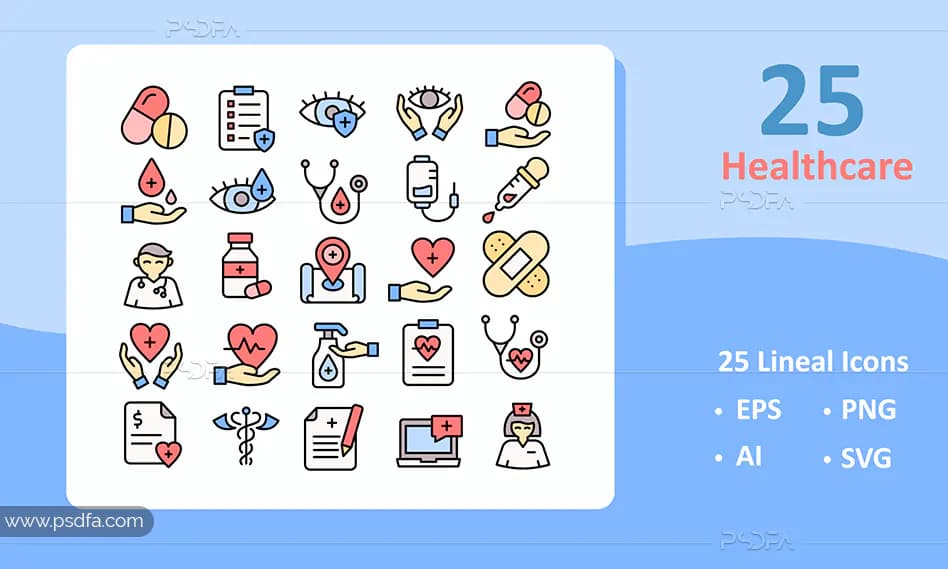 25 آیکون خطی رنگی پزشکی و تجهیزات پزشکی با فرمت EPS , AI , PNG , SVG