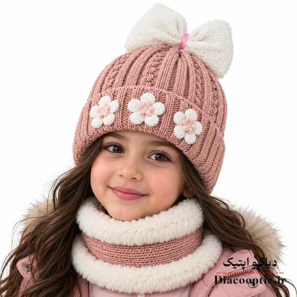 شال و کلاه بچگانه خزدار شال رینگی مدل بافتنی گل بابونه کد 1269
