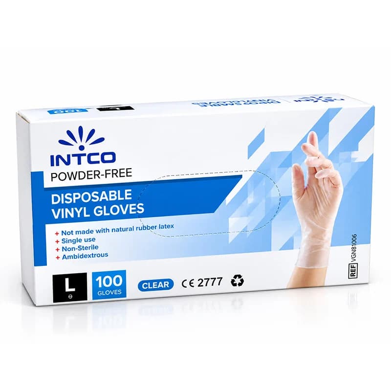 دستکش معاینه وینیل بدون پودر اینتکو INTCO سایز L بسته 100 عددی