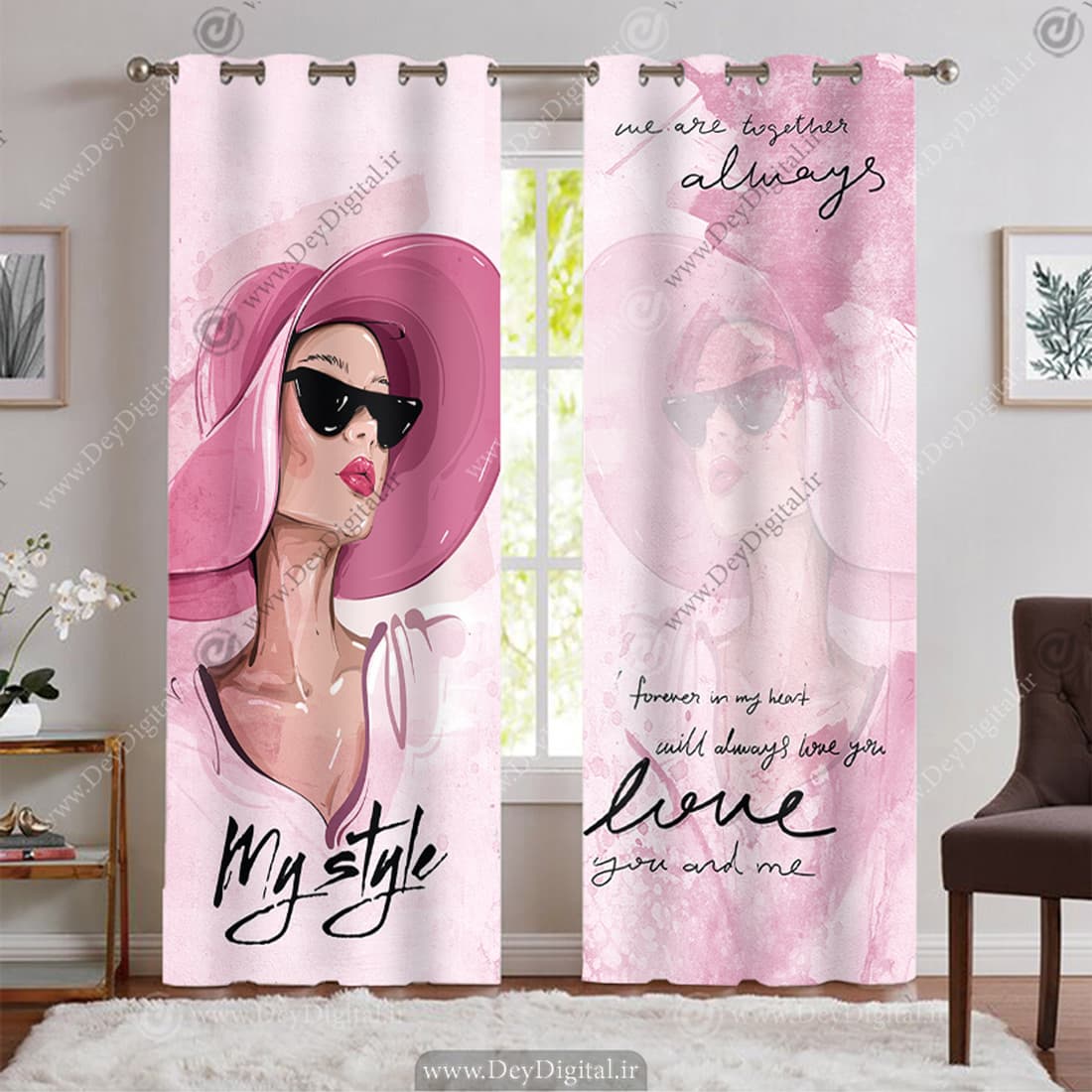 پرده پانچی دخترانه طرح چهره زن کلاهی رنگ صورتی BA-9247