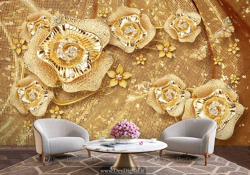 پوستر دیواری رنگ طلایی طرح گل های نگین دار برای پذیرایی ba-6325