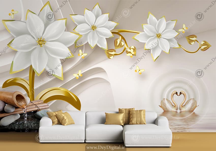 پوستر سه بعدی طرح گل سفید طلایی ba-6301