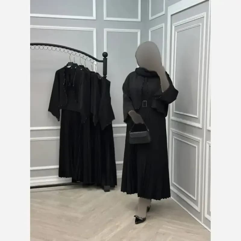 ست سه تیکه نیلماه سارافون و کت و کمربند رنگ مشکی فری سایز 38 تا 46