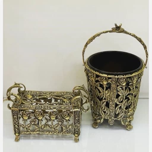 سطل آشغال و دستمال کاغذی برنزی کنار سالنی پایه دار برنز کامنا مدل 13144477