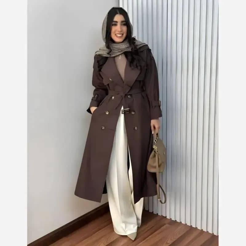 کت کتان زنانه پاییزه و زمستانه ضخیم استانبول با کمربند و جیب سایز 36 تا 54 — تصویر ۶