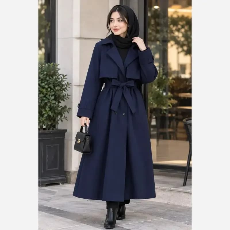 ترنچ کت زنانه کتان TC کجراه مدل ماریا قد 120 سایز 36 تا 54 — تصویر ۲