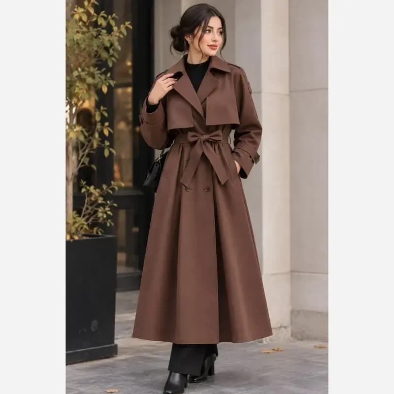 ترنچ کت زنانه کتان TC کجراه مدل ماریا قد 120 سایز 36 تا 54 — تصویر ۷