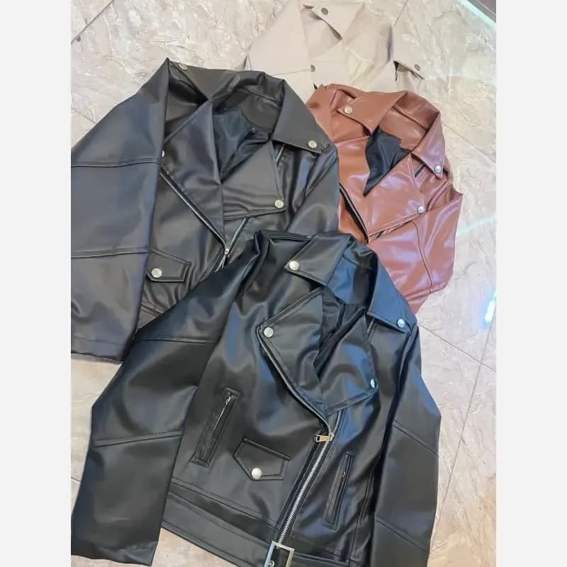 کت چرم زنانه آستر دار مدل زارا بمب چرم ترک رنگ بندی متنوع سایزبندی بزرگ — تصویر ۵