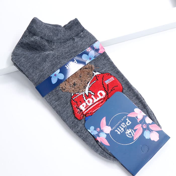 جوراب مچی دخترانه فانتزی رنگ طوسی متوسط طرح خرس و POLO کد 22614