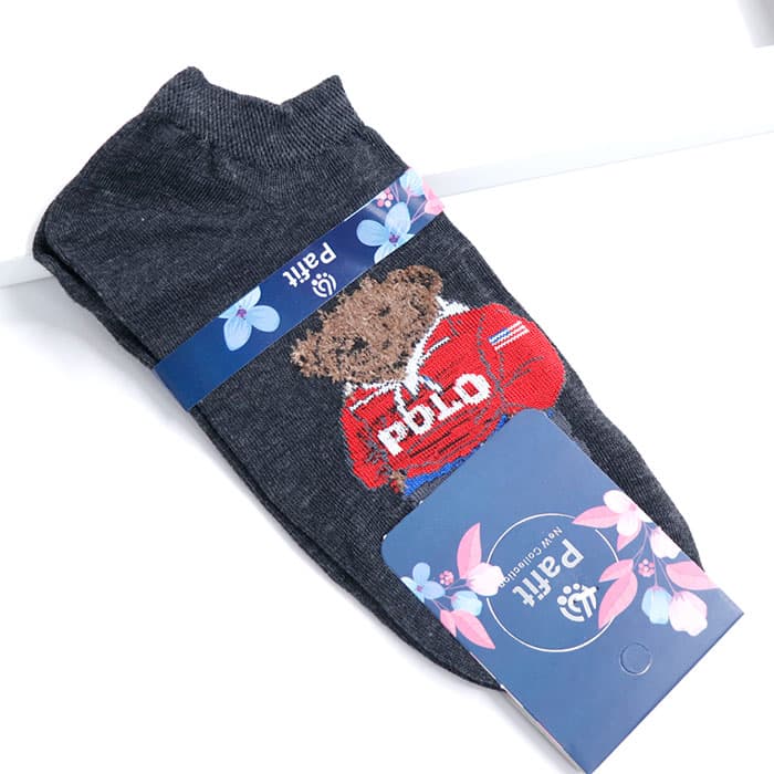 جوراب مچی دخترانه فانتزی رنگ طوسی تیره طرح خرس و POLO کد 22614