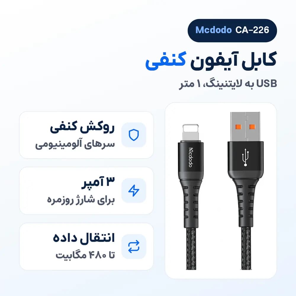 کابل آیفون کنفی USB به لایتنینگ مک دودو Mcdodo CA-226، 3 آمپر 1 متر — تصویر ۲