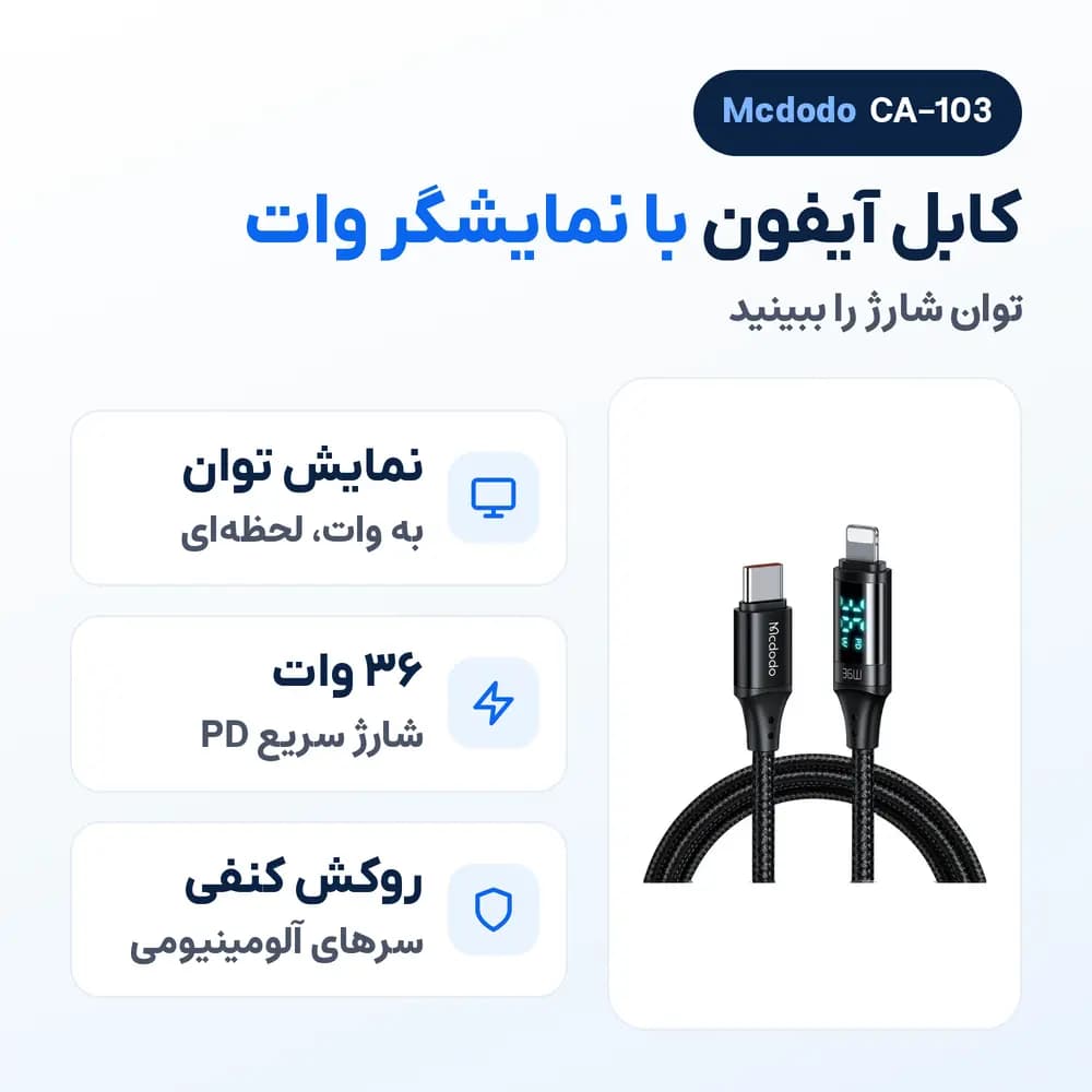 کابل آیفون نمایشگردار مک دودو Mcdodo CA-103 تایپ سی به لایتنینگ، 36 وات — تصویر ۲