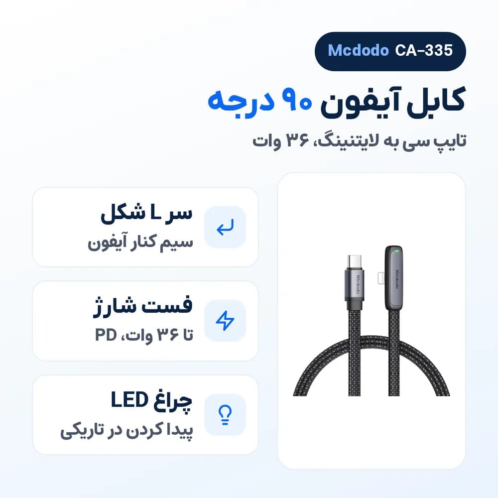 کابل آیفون تایپ سی به لایتنینگ 90 درجه مک دودو Mcdodo CA-335، 36 وات — تصویر ۲