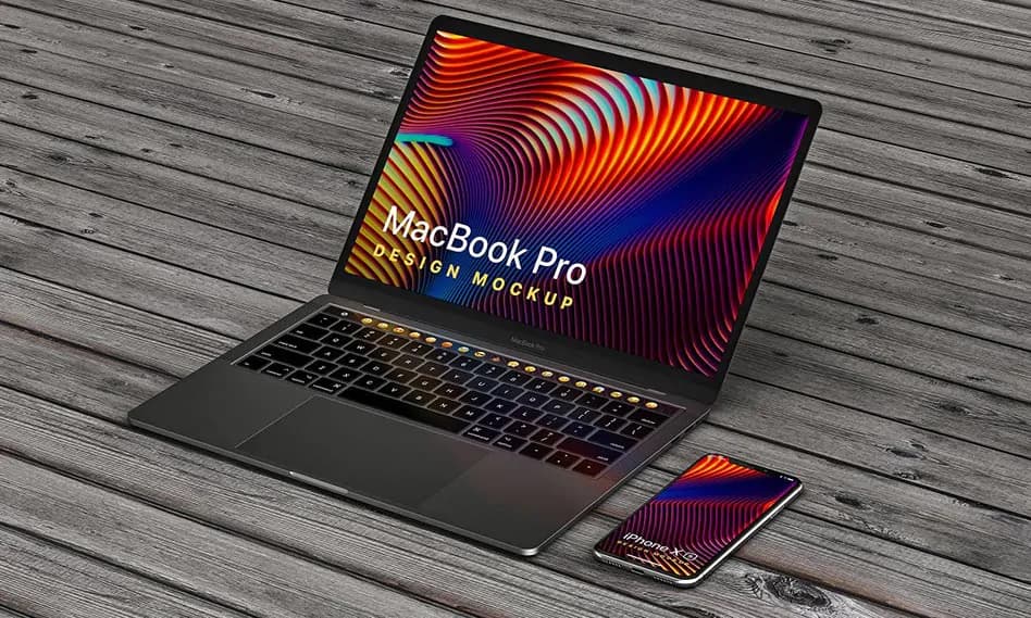 موکاپ مک بوک پرو و آیفون ایکس اس MacBook Pro iPhone XS Mockup