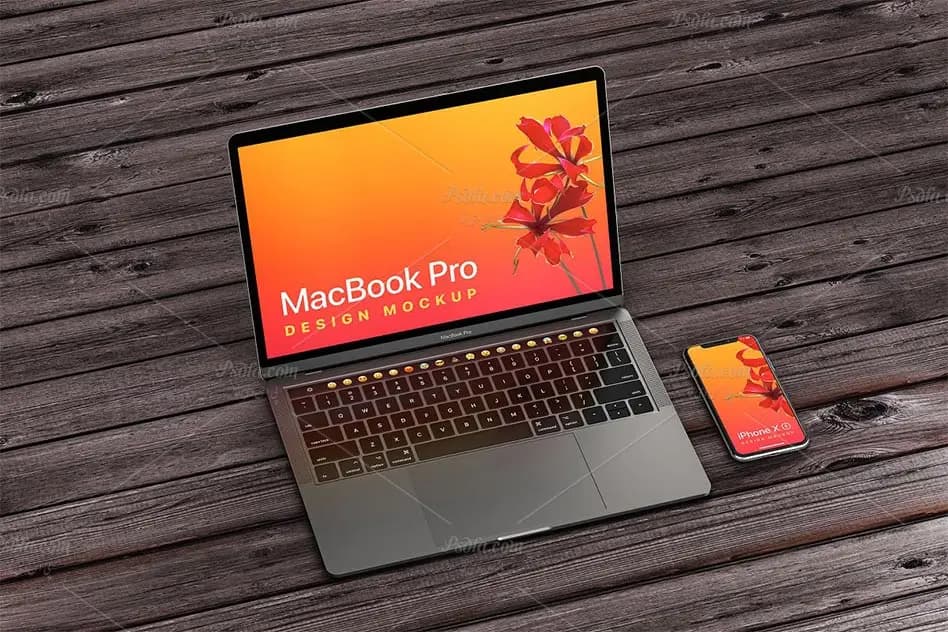 موکاپ مک بوک پرو و آیفون ایکس اس MacBook Pro iPhone XS Mockup — تصویر ۲