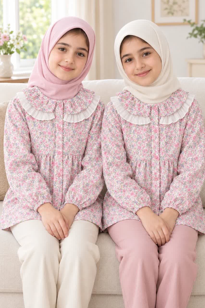 شومیز سوگل دخترانه موسلین گلدار با آستین فانوسی