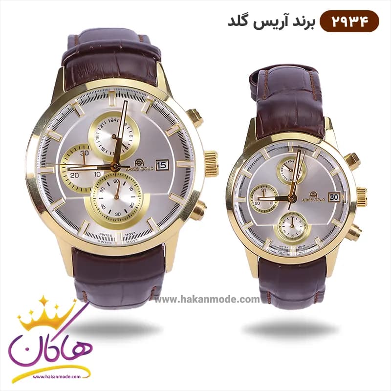 ساعت ست آریس گلد بند چرمی صفحه نقره ای 2934