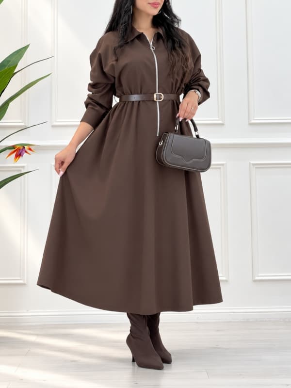 پیراهن بلند کتان شکلاتی کمربند دار