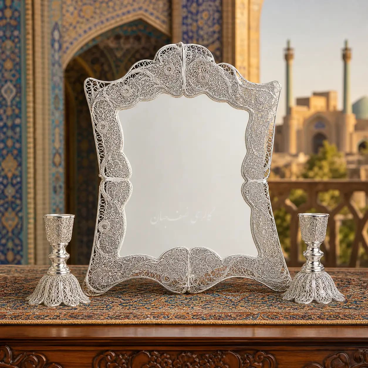 آینه و شمعدان ملیله با روکش نقره
