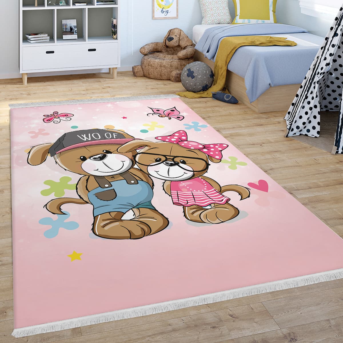 فرشینه فانتزی کودکانه مذل خرس قهوه ای با زمینه صورتی SM-32901b