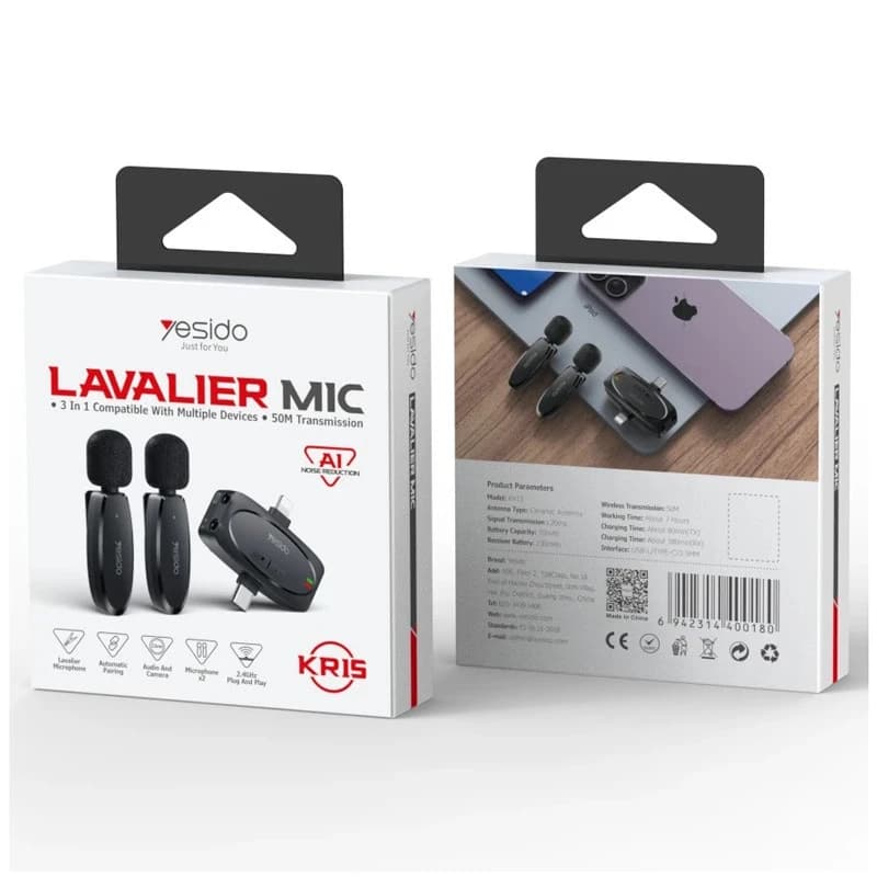 میکروفون یقه ای بی سیم دوتایی یسیدو KR15 Type-C / Lightning — تصویر ۷
