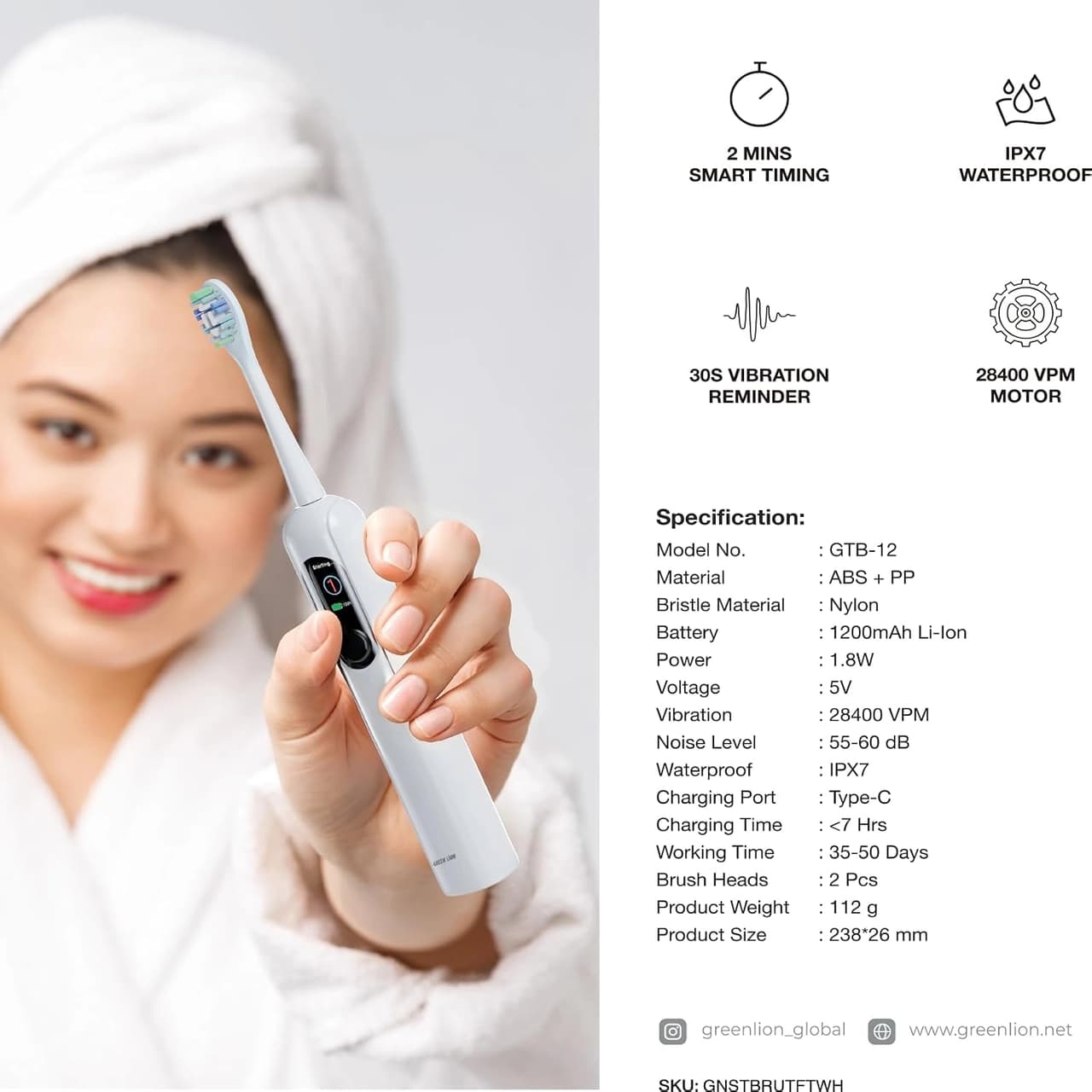 مسواک شارژی Green Lion مدل GNSTBRUTFTWH – سفید (گارانتی 6 ماهه شرکتی) — تصویر ۴