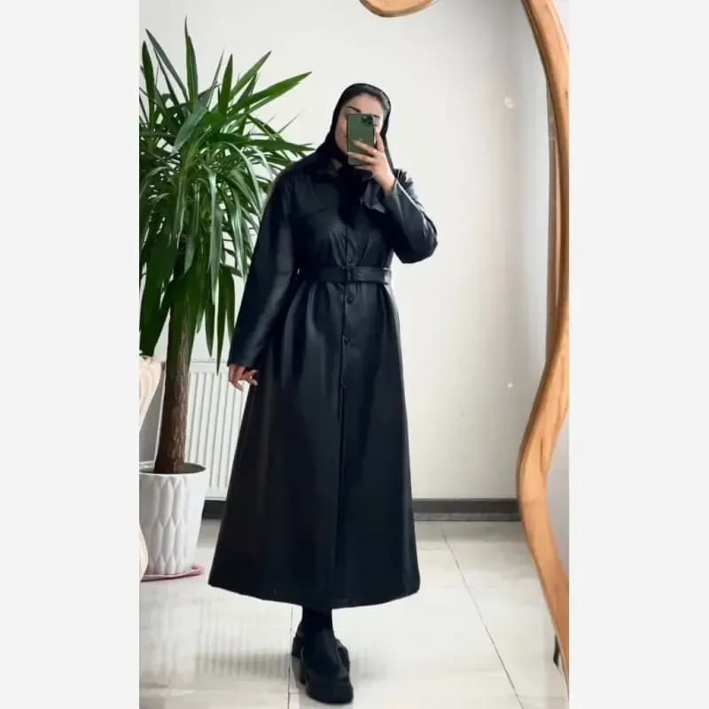 پالتو چرم زنانه بلند مدل اتوسا رنگ قهوه ای و مشکی سایز 36 تا 46 — تصویر ۵