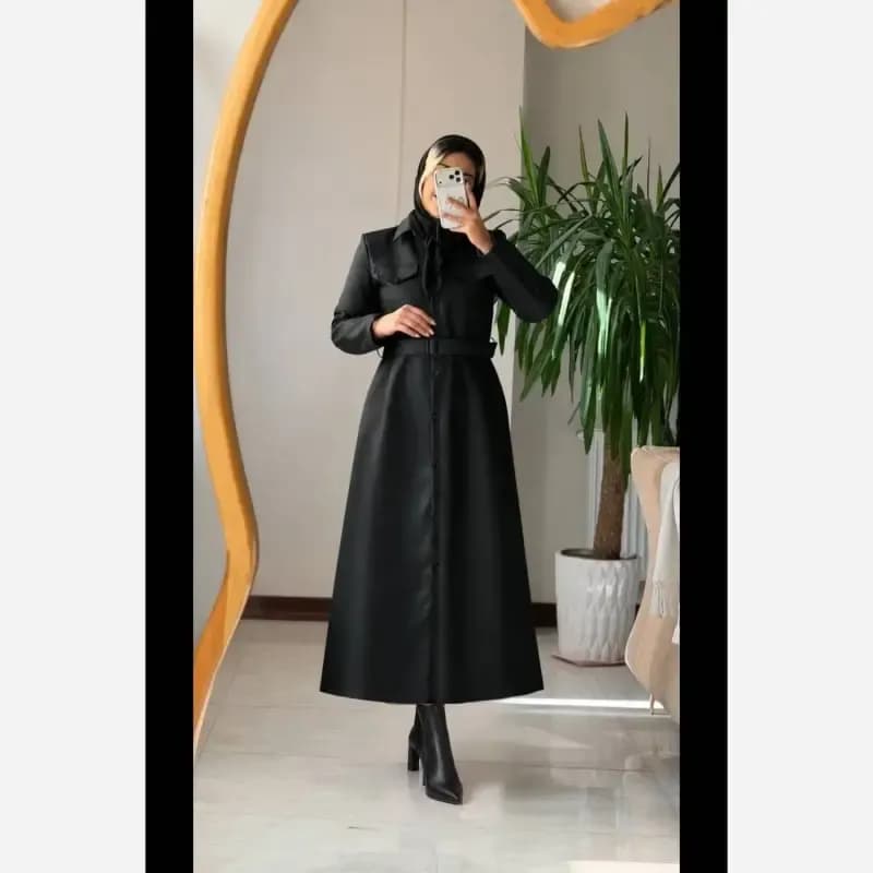 پالتو چرم زنانه بلند مدل اتوسا رنگ قهوه ای و مشکی سایز 36 تا 46 — تصویر ۶
