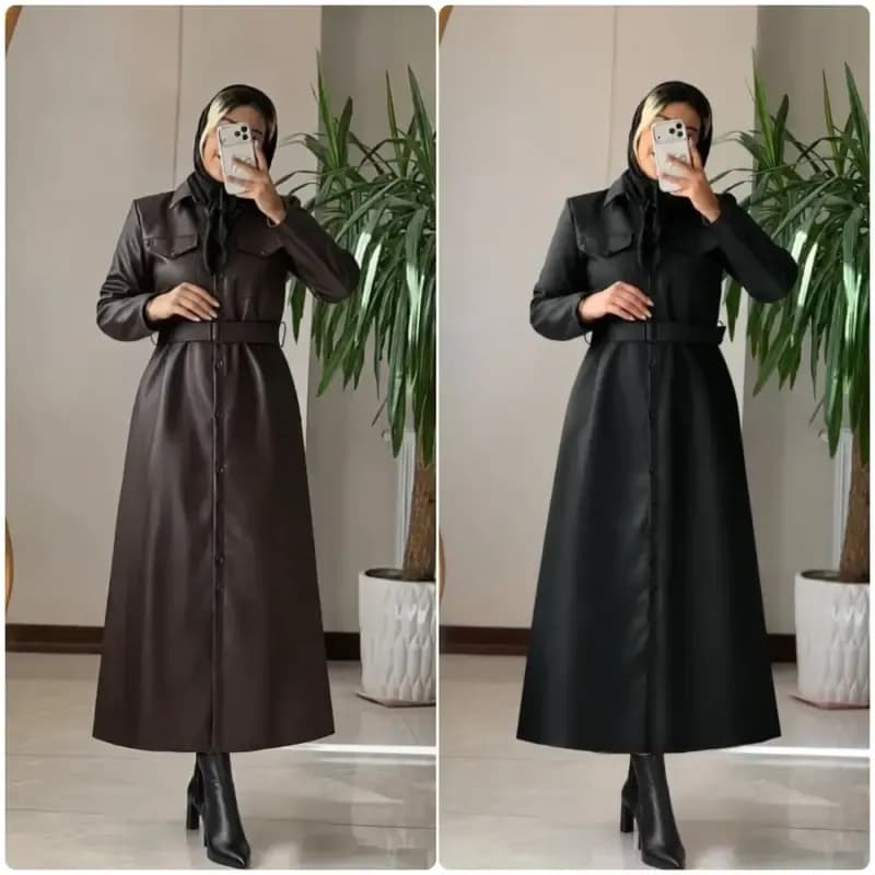 پالتو چرم زنانه بلند مدل اتوسا رنگ قهوه ای و مشکی سایز 36 تا 46 — تصویر ۲
