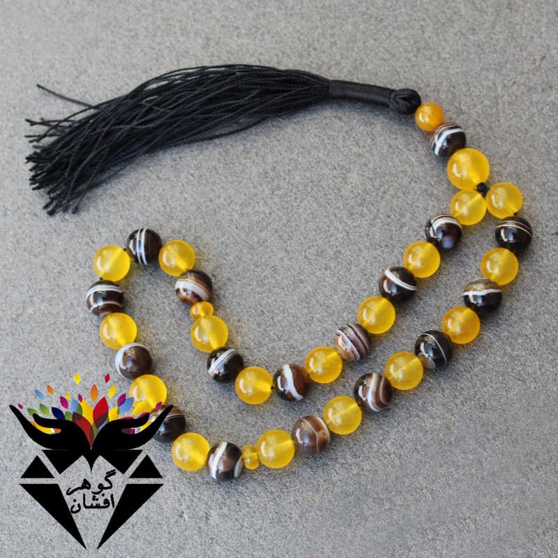 تسبیح عقیق باباقوری و جید زرد 33 دانه خوشرنگ کد T_1302