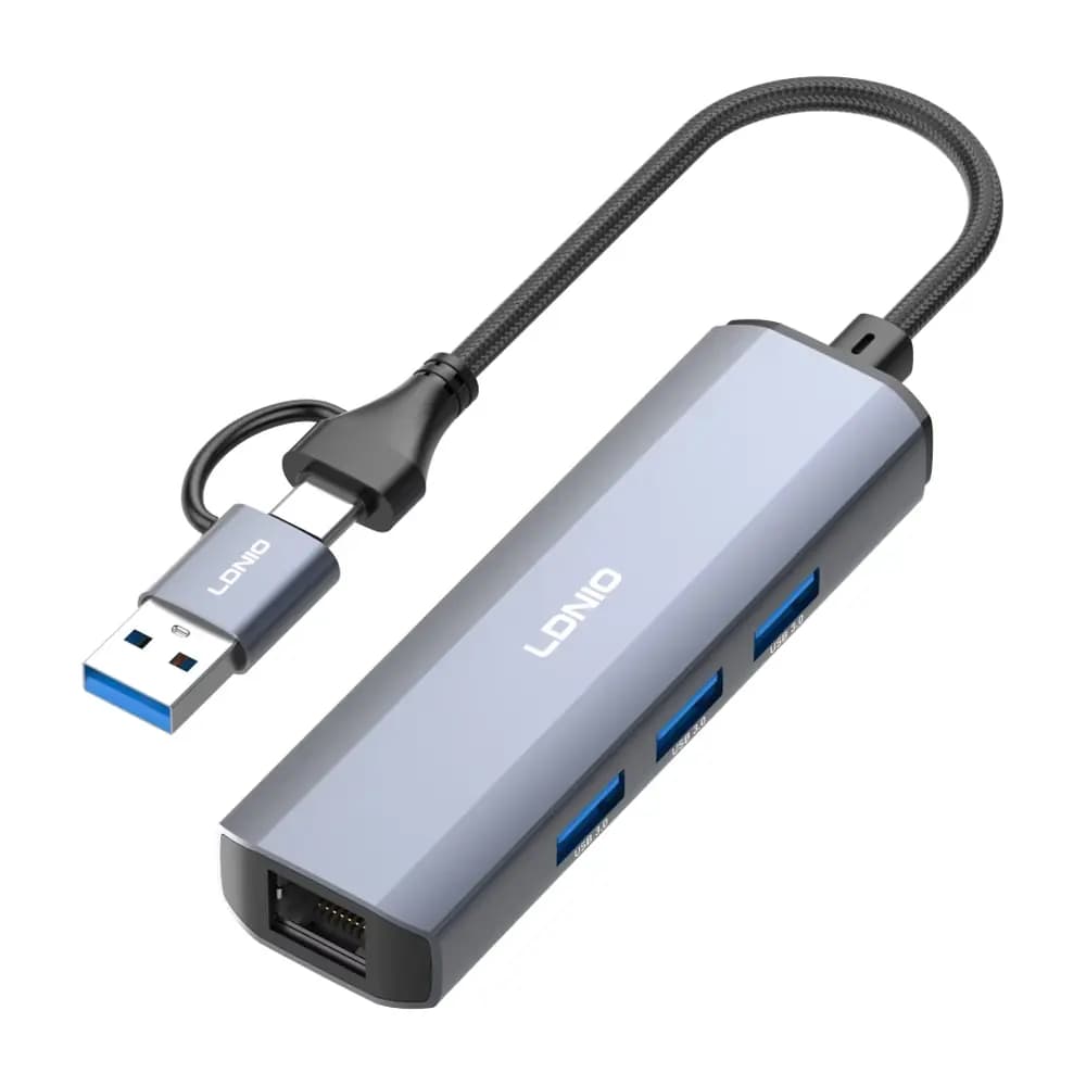 هاب تایپ سی الدینیو LDNIO DS-124UC با 3 پورت USB 3.0 و شبکه