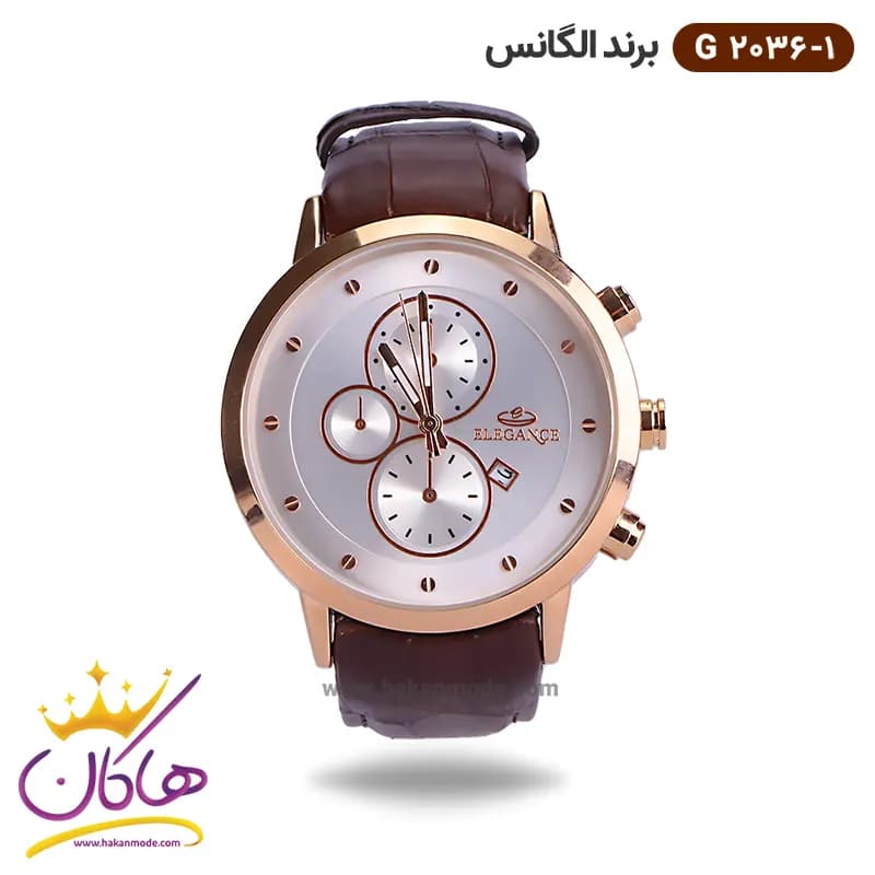 ساعت الگانس مردانه بند چرمی صفحه سفید G2036/1