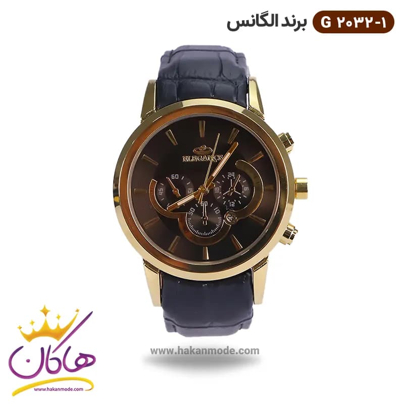 ساعت الگانس مردانه بند چرمی مشکی طلایی G2032/1