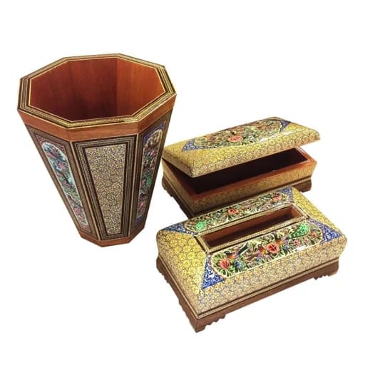 ست جعبه دستمال کاغذی و جا قاشقی با سطل خاتم کاری کامنا مدل 13144064