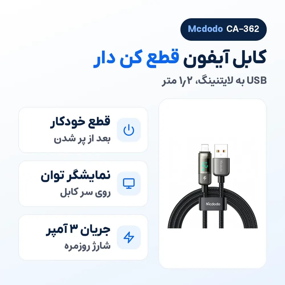 کابل آیفون قطع کن دار USB به لایتنینگ مک دودو Mcdodo CA-362 با نمایشگر — تصویر ۲