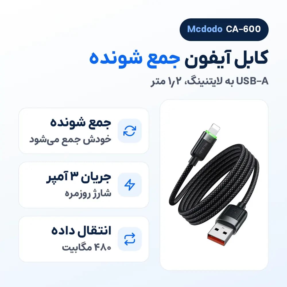 کابل آیفون جمع شونده USB به لایتنینگ مک دودو Mcdodo CA-600، 3 آمپر — تصویر ۲