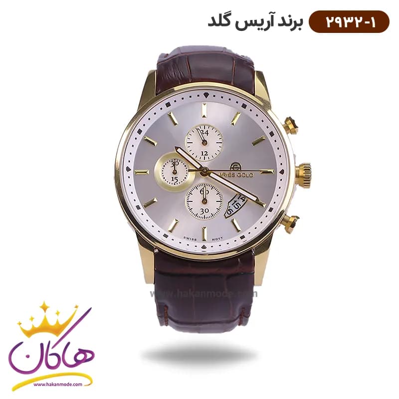 ساعت آریس گلد مردانه بند چرمی صفحه سفید 2932/1