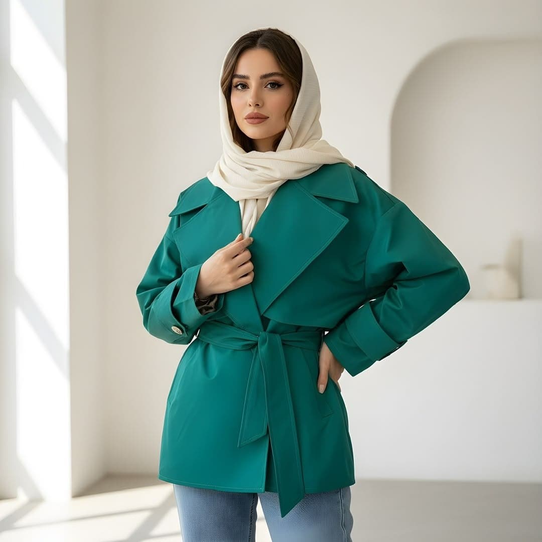 بارانی زنانه کوتاه آستردار سانتانا یقه انگلیسی