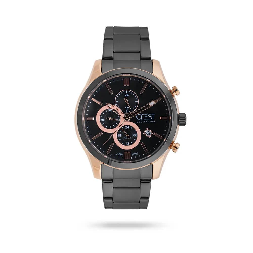 ساعت مچی مردانه کرست بند استیل دو رنگ مشکی رزگلد کد Crest 6218/2
