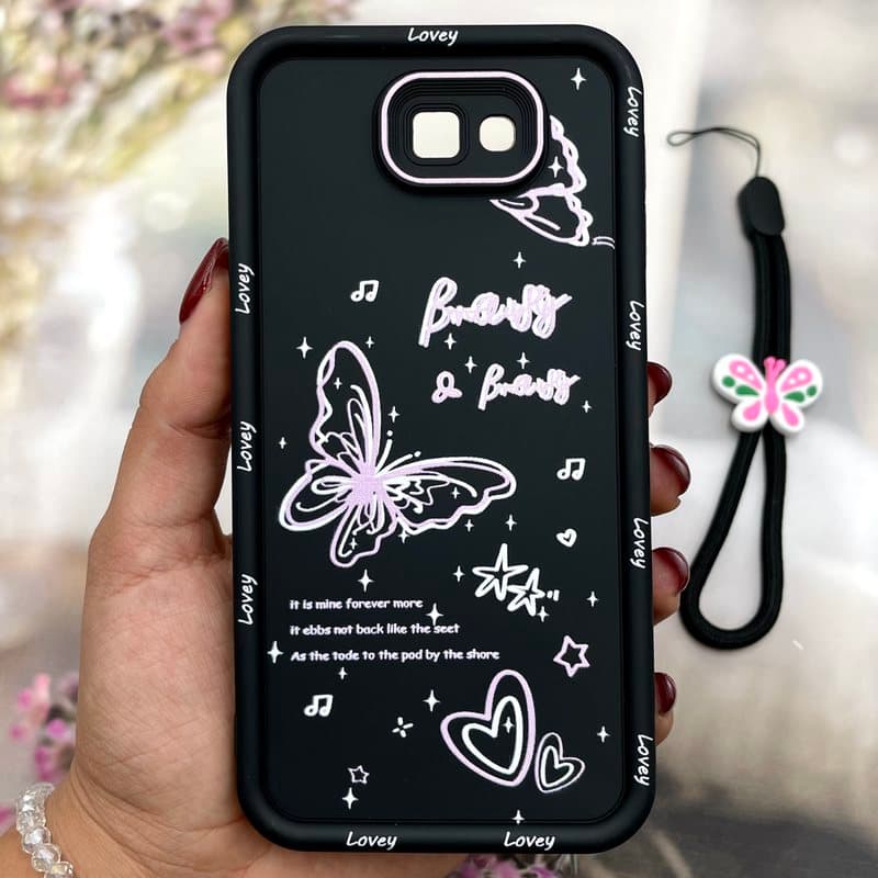 قاب گوشی Galaxy J7 Prime سامسونگ سولید ضد ضربه کجی همراه بند مچی محافظ لنز دار طرح پروانه و قلب کد 674300
