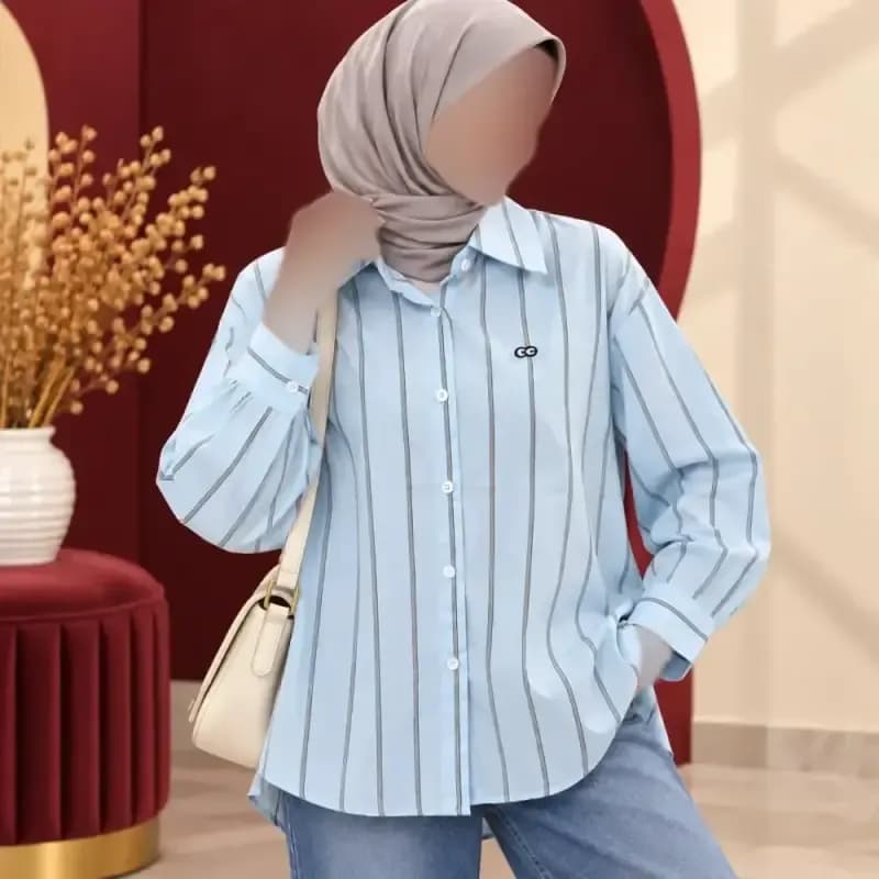 شومیز زنانه راه راه وارداتی دکمه دار فری سایز نخ وارداتی — تصویر ۳