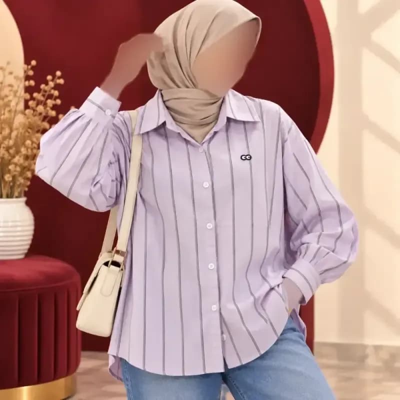 شومیز زنانه راه راه وارداتی دکمه دار فری سایز نخ وارداتی — تصویر ۴