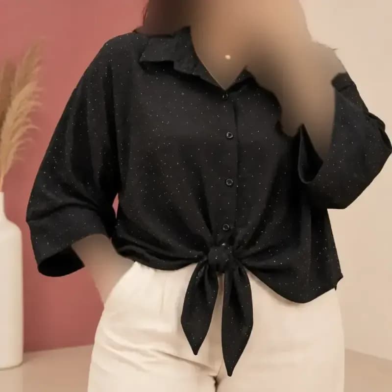 شومیز زنانه کرپ اسلپ گره ای نگین دار دکمه دار فری سایز