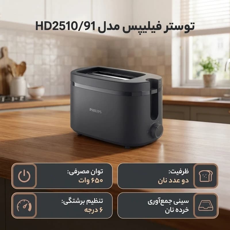 توستر 2 اسلایس فیلیپس مدل HD2510/91 — تصویر ۲