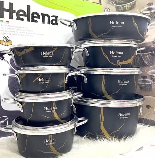 سرویس قابلمه 14 پارچه گرانیتی هلنا مدل ماربل (Marble) طرح سنگی | دسته سفید -قسطی+ارسال رایگان — تصویر ۴