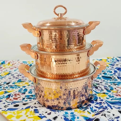 سرویس قابلمه سه تیکه قطر18،20،22تمام مسی زنجان رنگ ثابت — تصویر ۲
