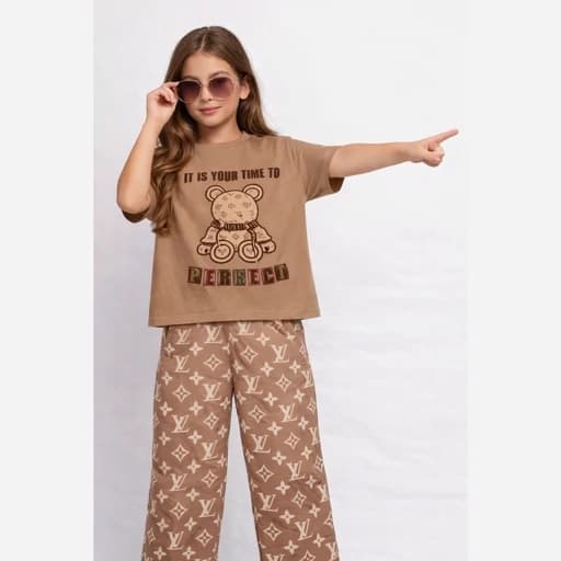 لباس کودک دخترانه شیک و جدید، تیشرت شلوار دخترانه بگ خرس لویی ویتون سایز 50و55و60و65 سن 6تا 12 سالhafez002