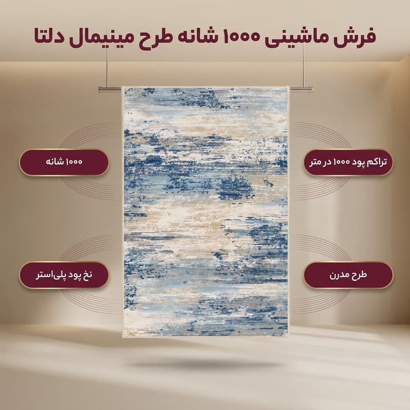 فرش ماشینی 1000 شانه زمینه کرم حاشیه سرمه ای مدل نانو چاپ بدون پرز طرح مینیمال دلتا کد OR.1122.05 — تصویر ۲